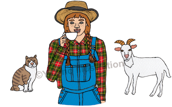 麦わら帽子三つ編みオーバーオールチェックシャツそばかす女山羊猫イラスト
