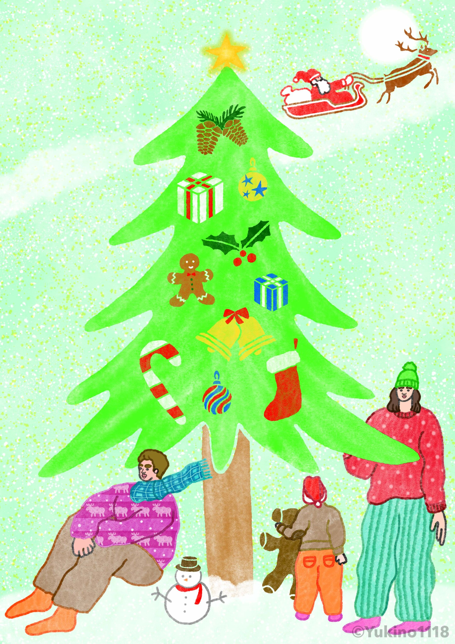 クリスマスツリー冬サンタクロース家族イラスト