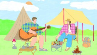 キャンプ自然テントBBQギターカップルイラスト