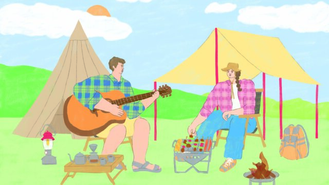 キャンプ自然テントBBQギターカップルイラスト