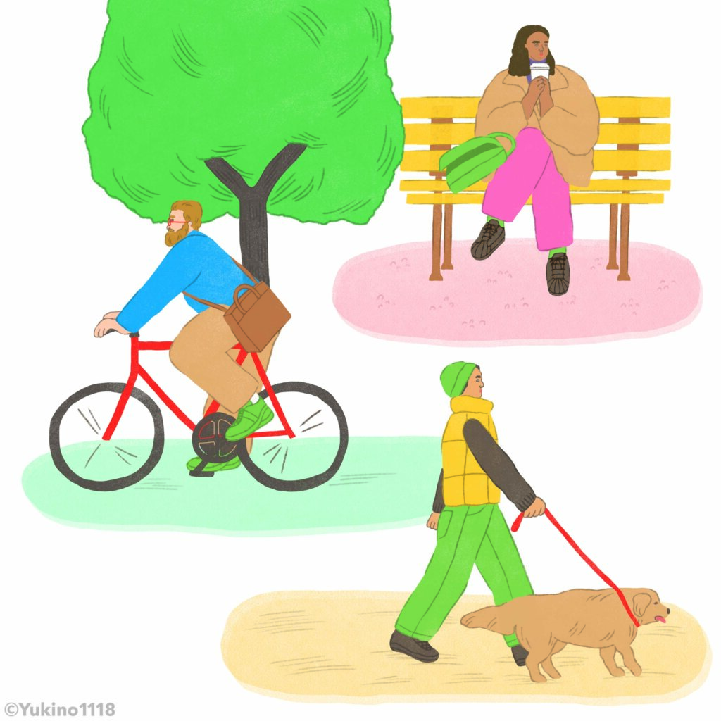 公園自然散歩自転車犬イラスト