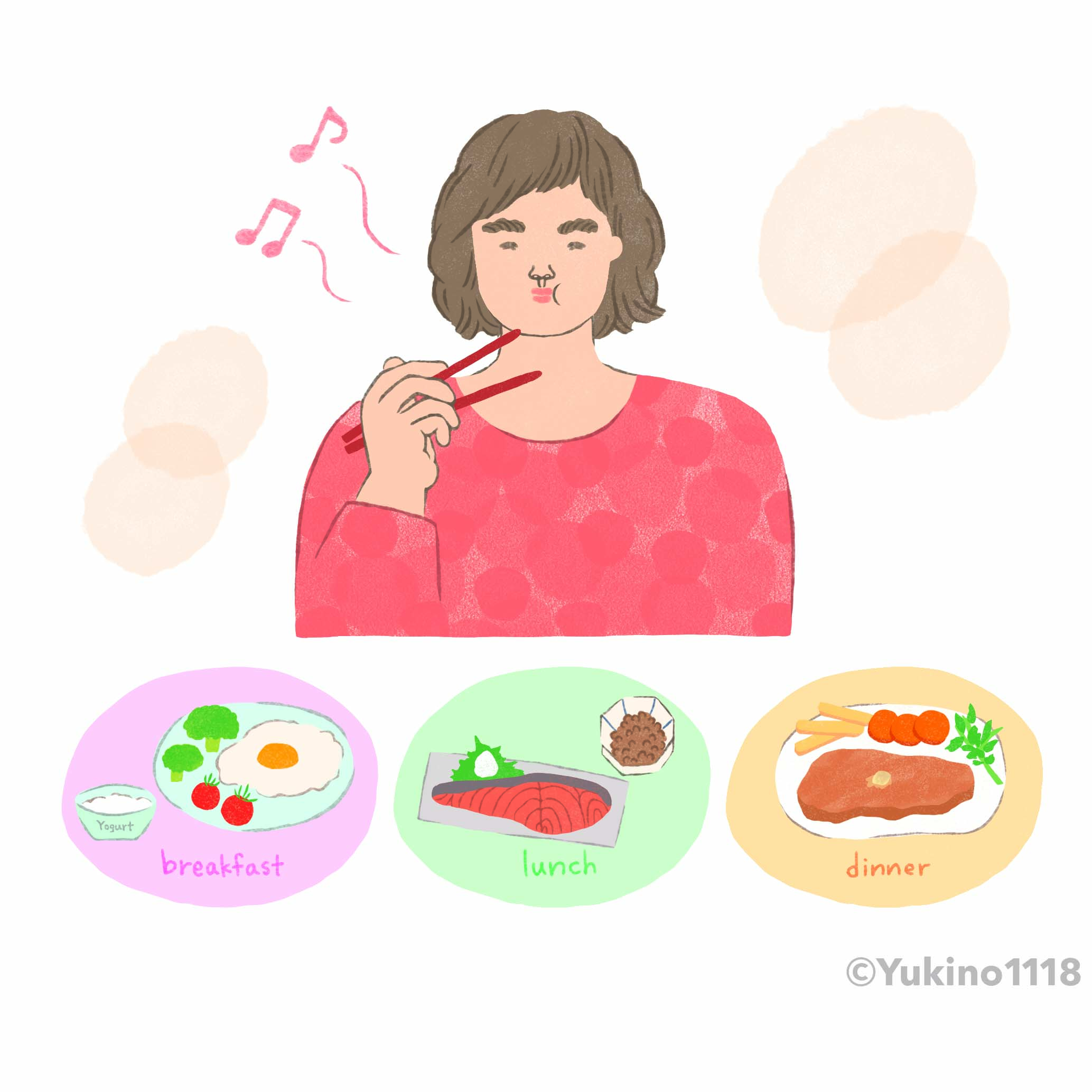 ミセス女性食事3食健康たんぱく質イラスト
