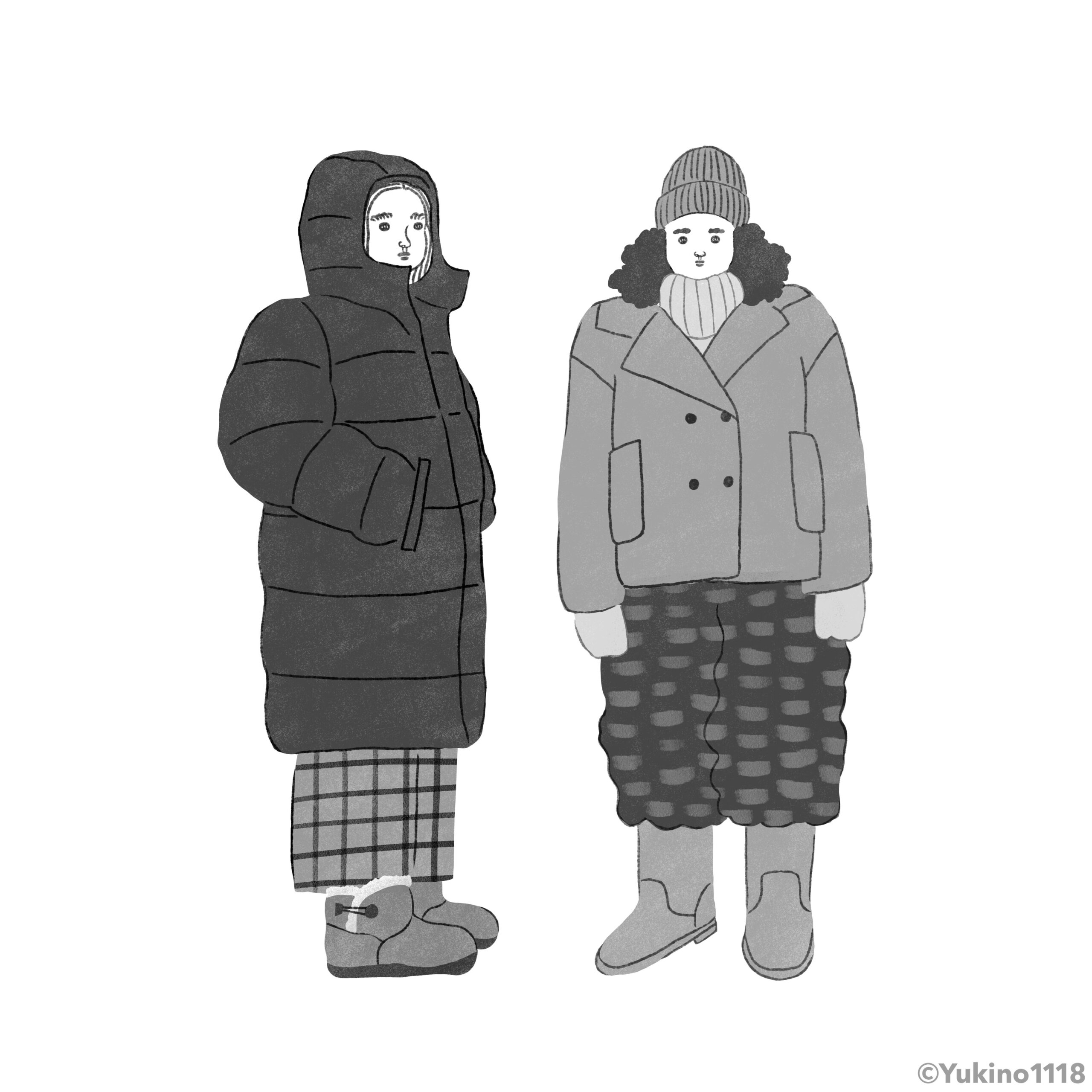 冬ファッション女性モノクロイラスト