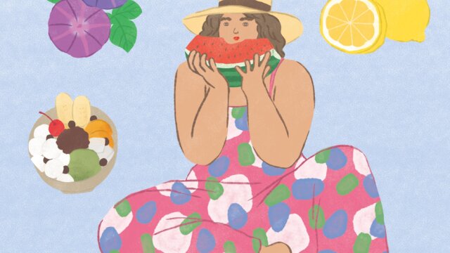 夏女性レモン朝顔あんみつ