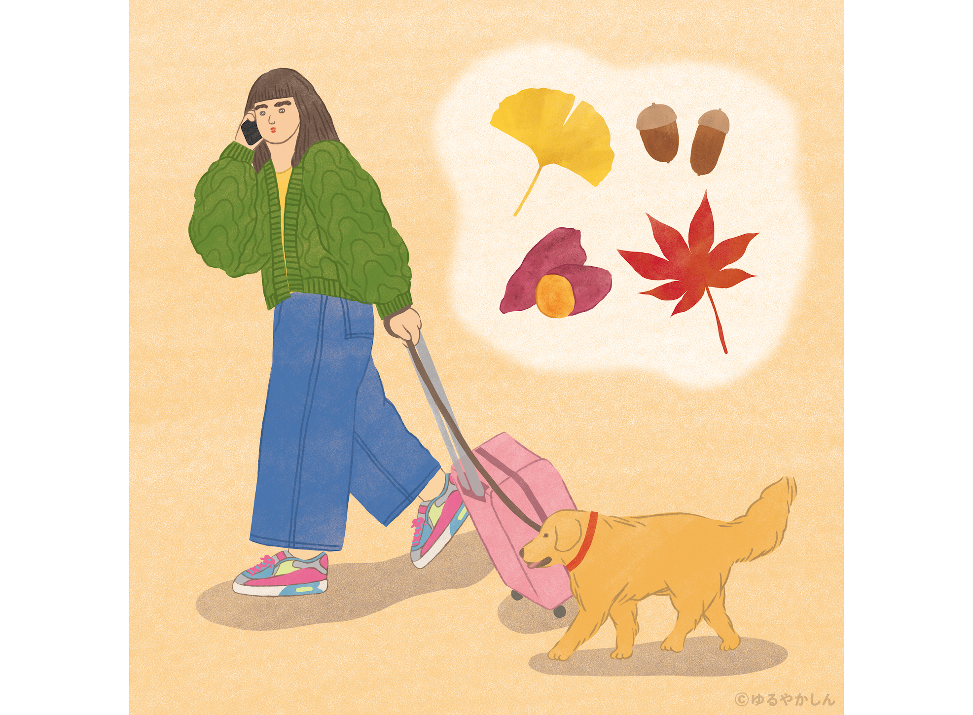 女性秋犬ゴールデンレトリバー紅葉旅行