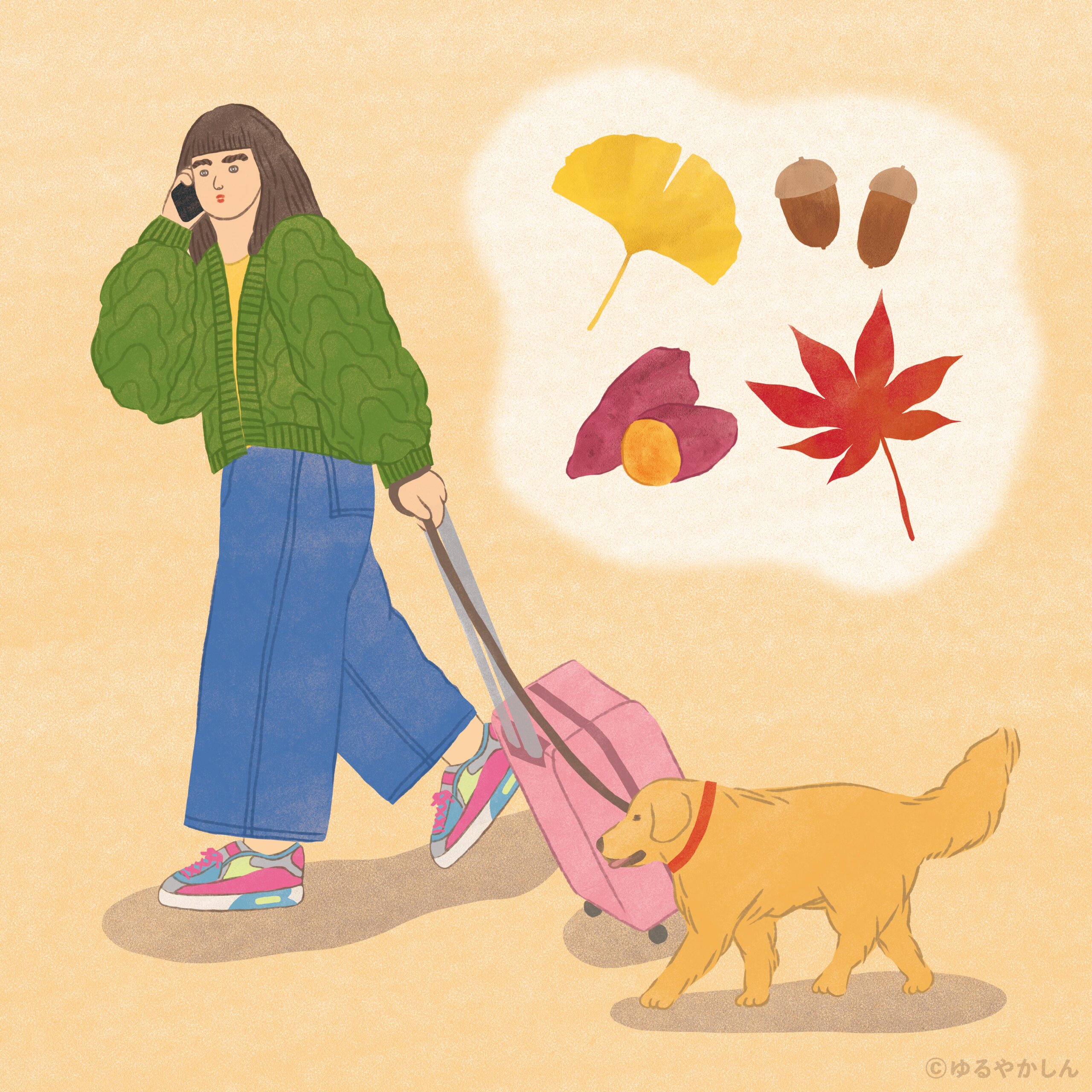女性秋犬ゴールデンレトリバー紅葉旅行