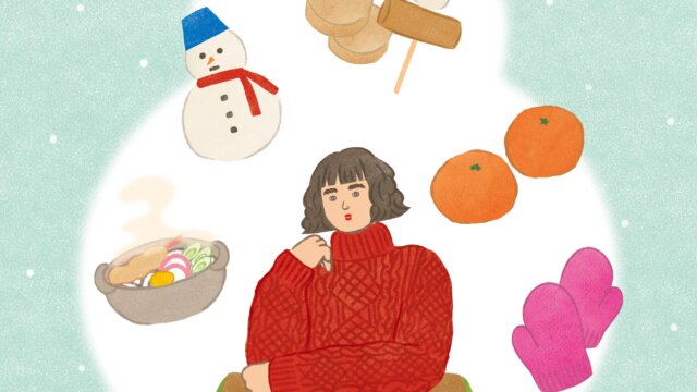 冬女性こたつ鍋雪だるまおでんみかん手袋