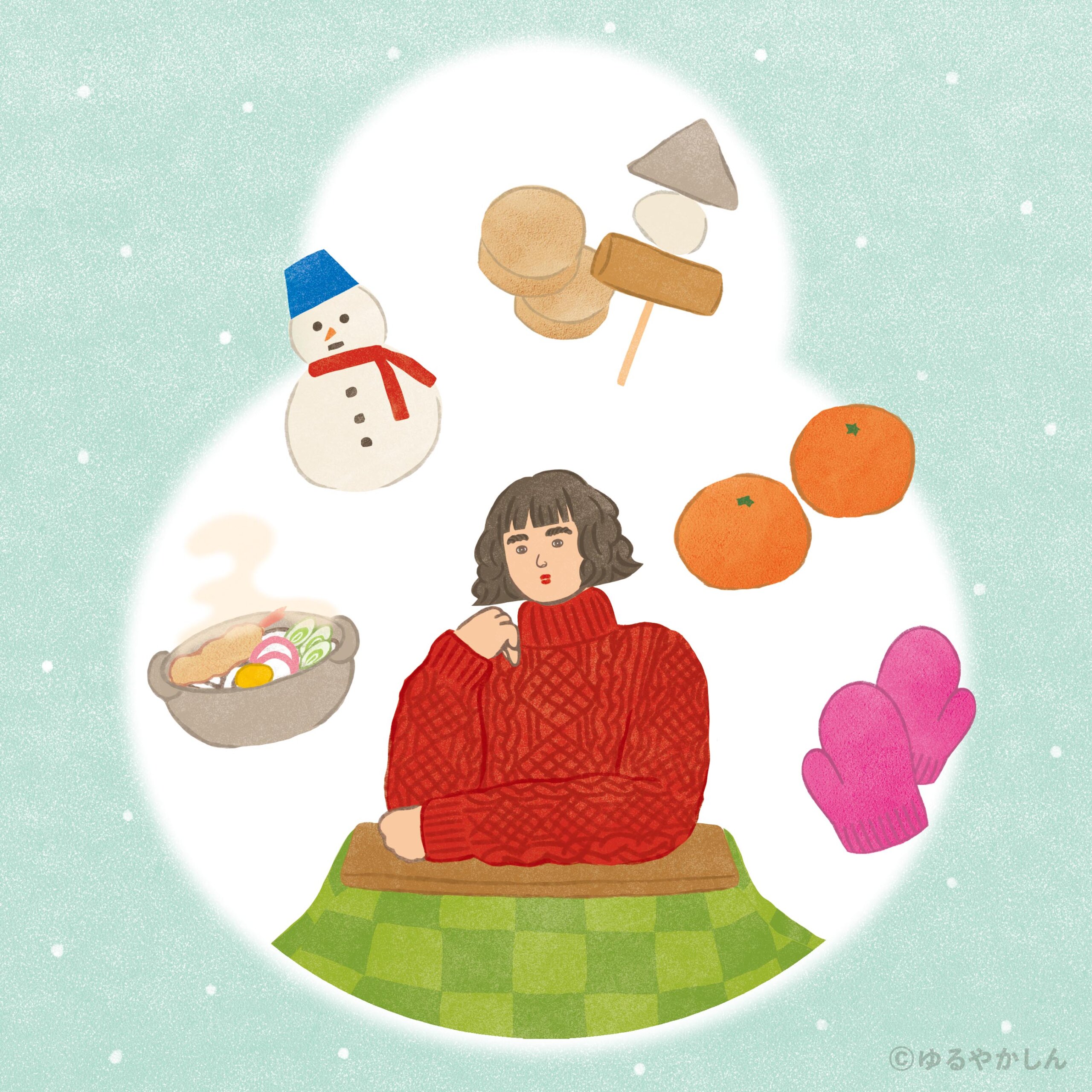 冬女性こたつ鍋雪だるまおでんみかん手袋
