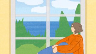 扉絵雑誌女性窓辺花部屋風景1人