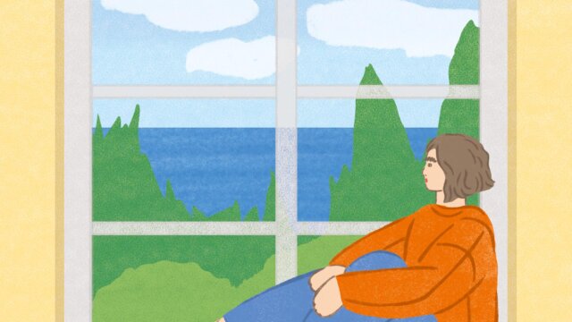 扉絵雑誌女性窓辺花部屋風景1人